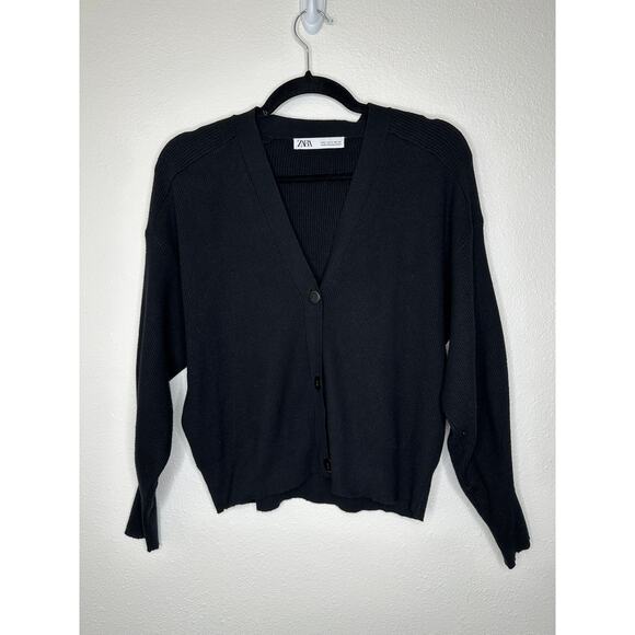 Zara Black Ribbed V-Neck Front Button Long Sleeve Cardigan Sweater S - Picture 2 of 9